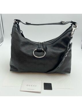 Auth GUCCI GG Monogram Guccissima Horsebit 2-way Shoulder Bag Black Leather